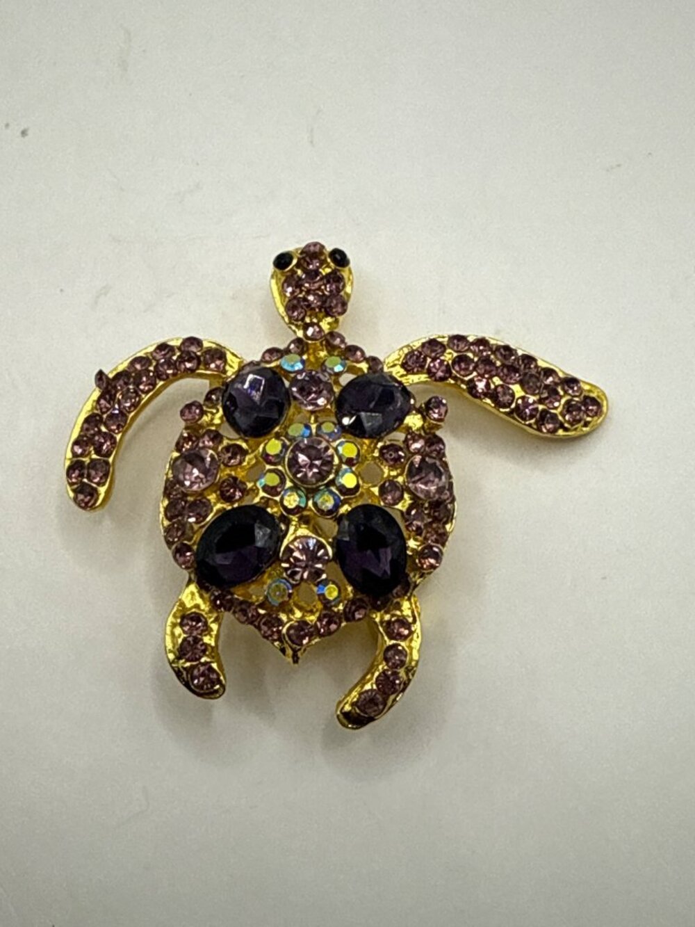 Vintage Gold Tone Purple Amethyst Rhinestone Sea Turtle Brooch Pin Sea Life